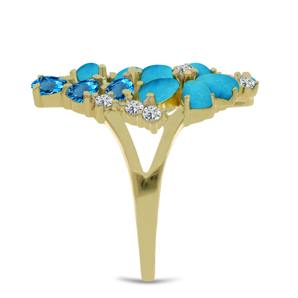 Anillo de Plata Bañada en Oro con Turquesa Bella Durmiente y Topacio Azul Suizo