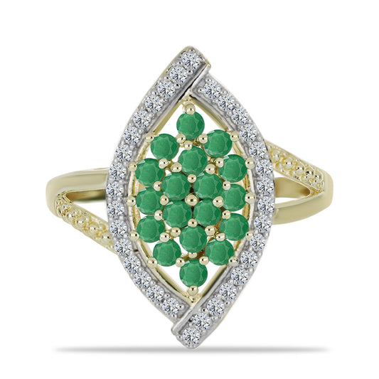 Anillo de Plata Bañada en Oro con Esmeralda de Brasil y Topacio Blanco