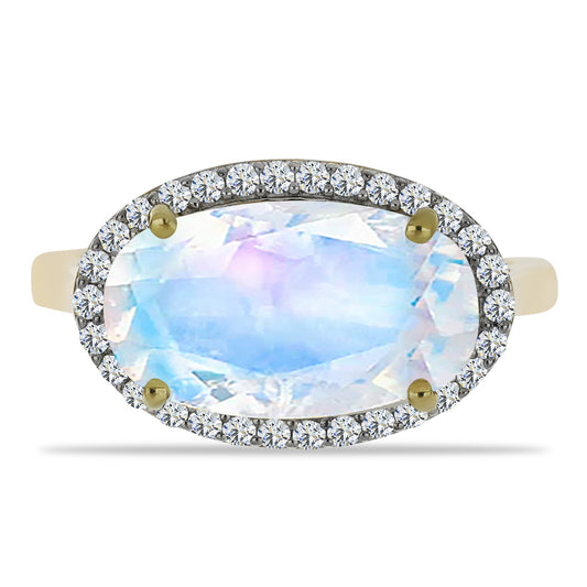 Anillo de Plata Bañada en Oro con Piedra Lunar Arco Iris y Topacio Blanco