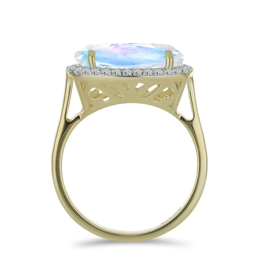 Anillo de Plata Bañada en Oro con Piedra Lunar Arco Iris y Topacio Blanco