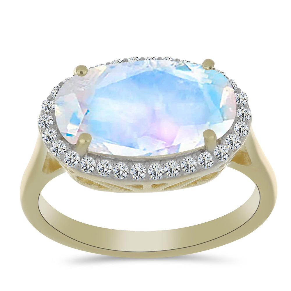 Anillo de Plata Bañada en Oro con Piedra Lunar Arco Iris y Topacio Blanco 3 