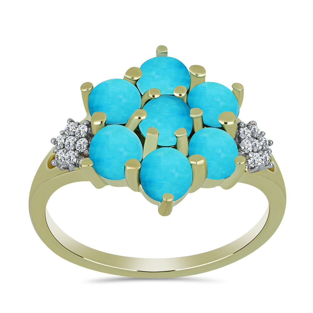 Anillo de Plata Bañada en Oro con Turquesa Bella Durmiente y Topacio Blanco 3 
