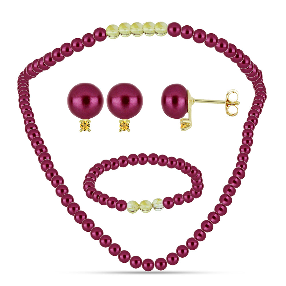 Conjunto Pepita con Perla Púrpura de Agua dulce y Citrino de los Montes Urales ( Collar +Pendientes +Pulsera )