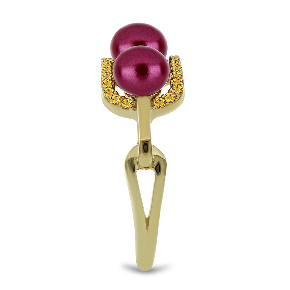 Anillo de Plata Bañada en Oro con Perla Púrpura de Agua dulce y Citrino de los Montes Urales 4 