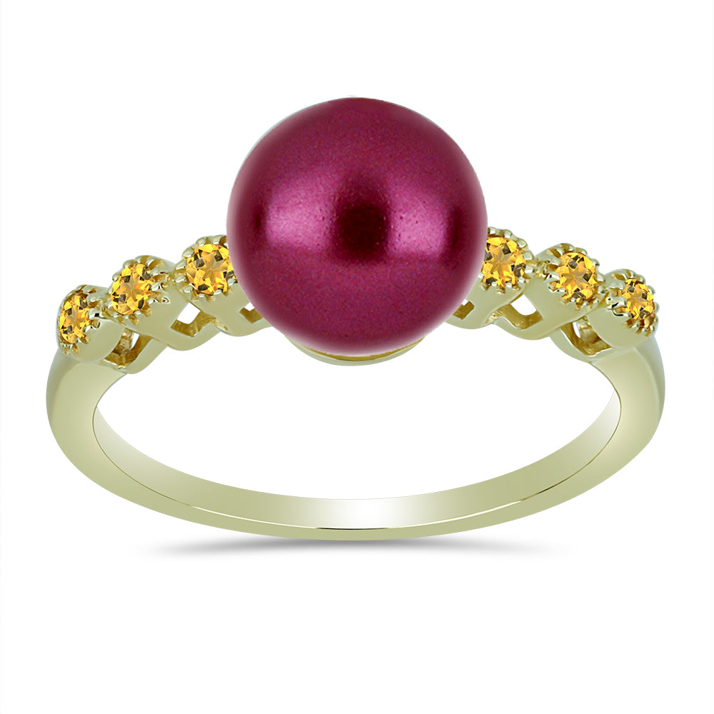 Anillo de Plata Bañada en Oro con Perla Púrpura de Agua dulce y Citrino de los Montes Urales 3 