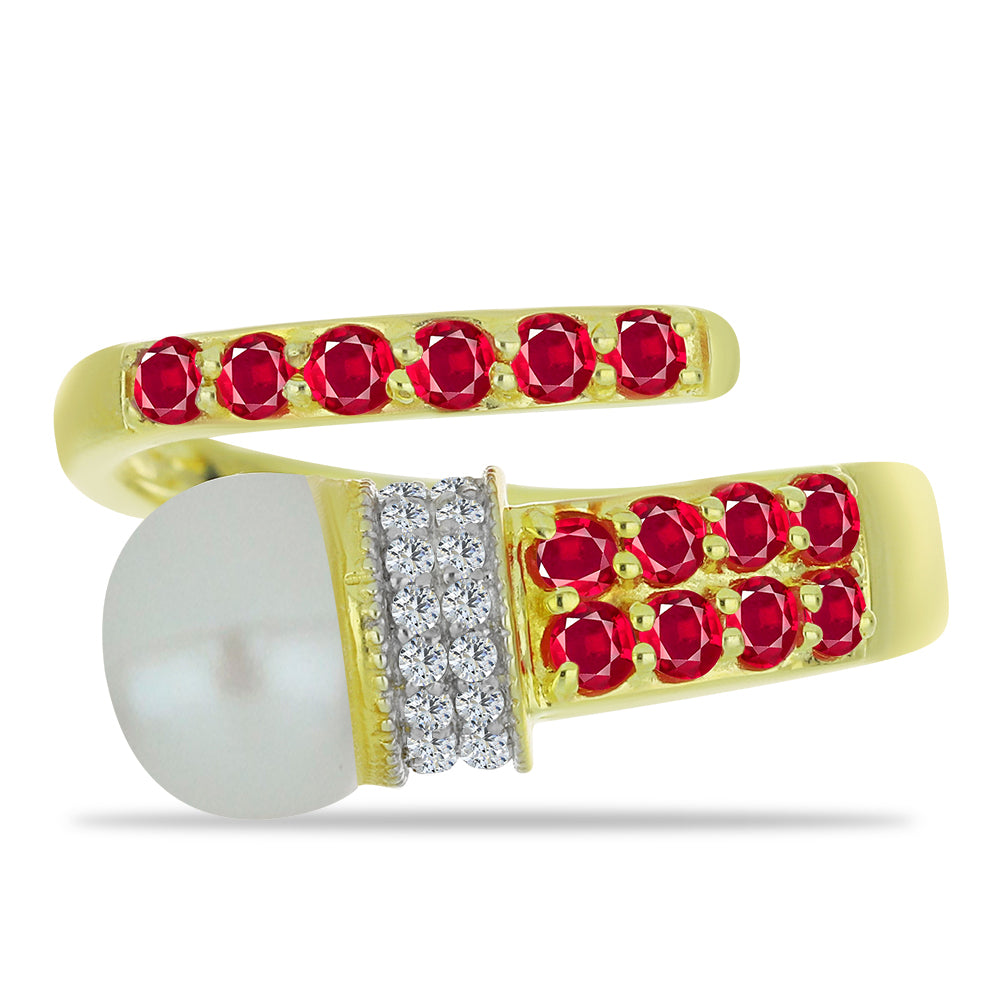 Anillo de Plata Bañada en Oro con Perla de Agua Dulce y Rubí de Madagascar 1 
