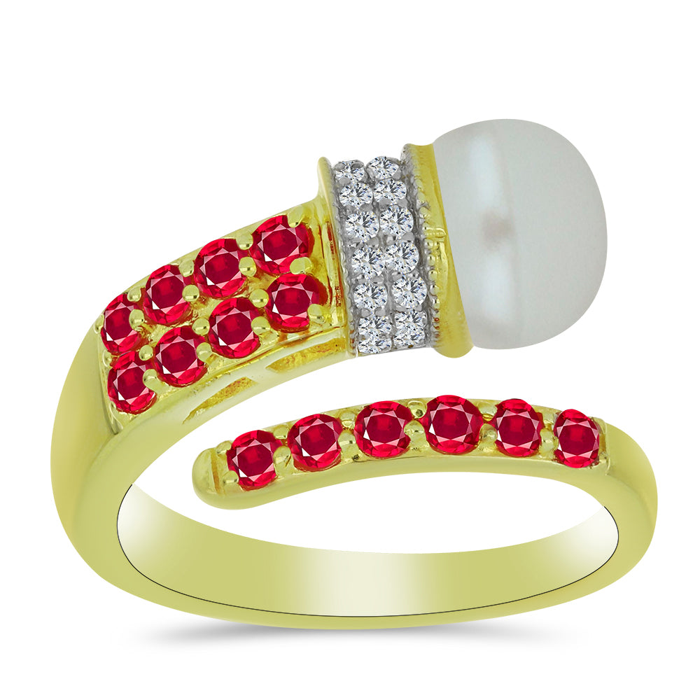 Anillo de Plata Bañada en Oro con Perla de Agua Dulce y Rubí de Madagascar 3 