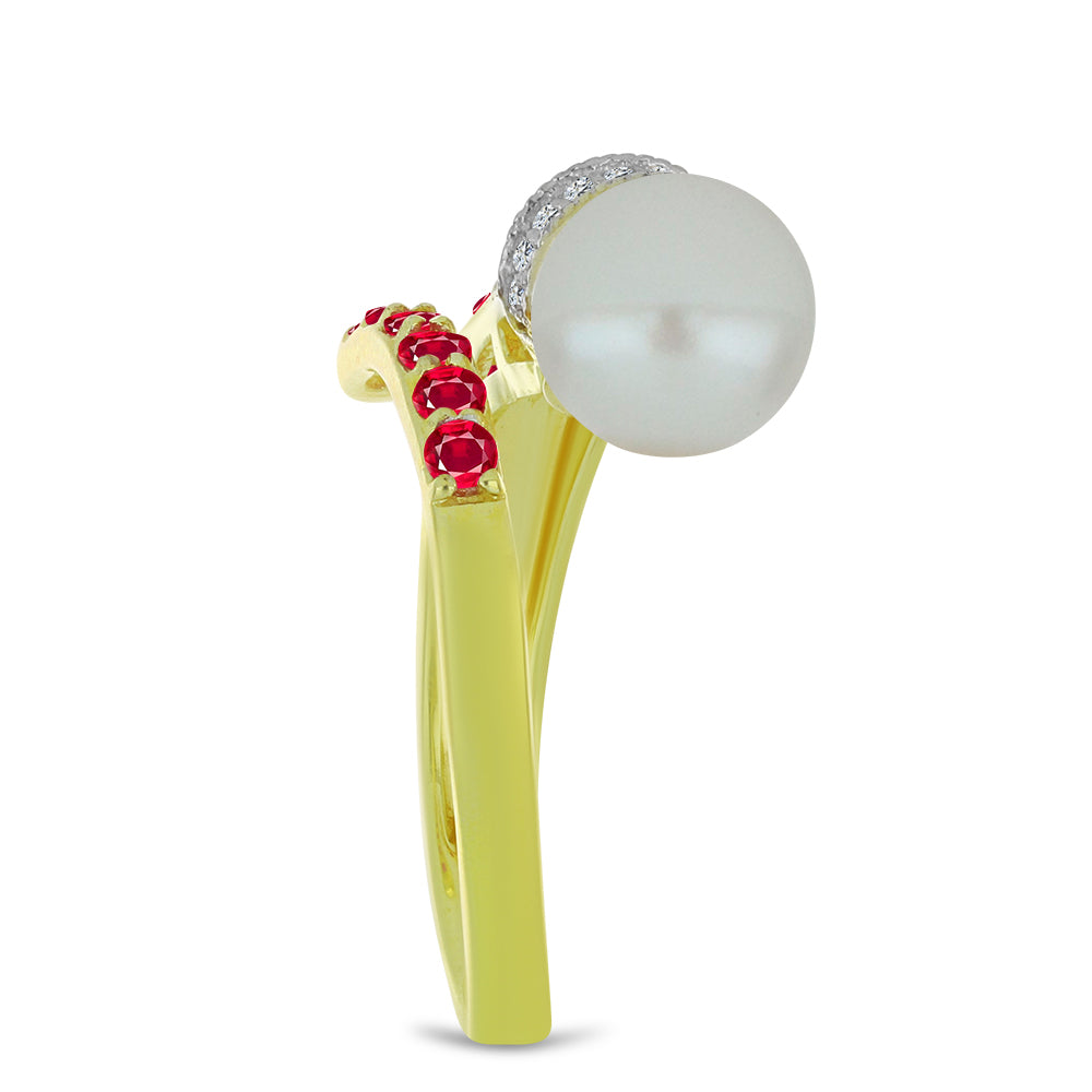 Anillo de Plata Bañada en Oro con Perla de Agua Dulce y Rubí de Madagascar 4 