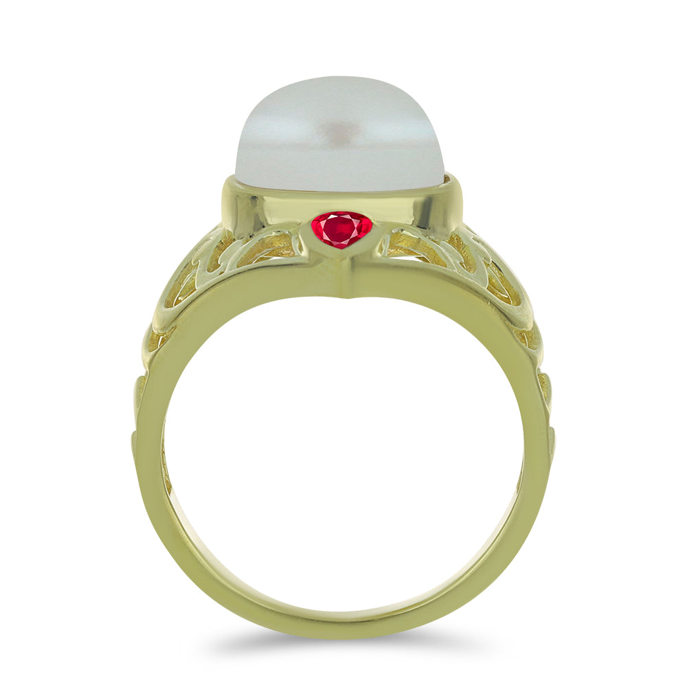 Anillo de Plata Bañada en Oro con Perla de Agua Dulce y Rubí de Madagascar 2 