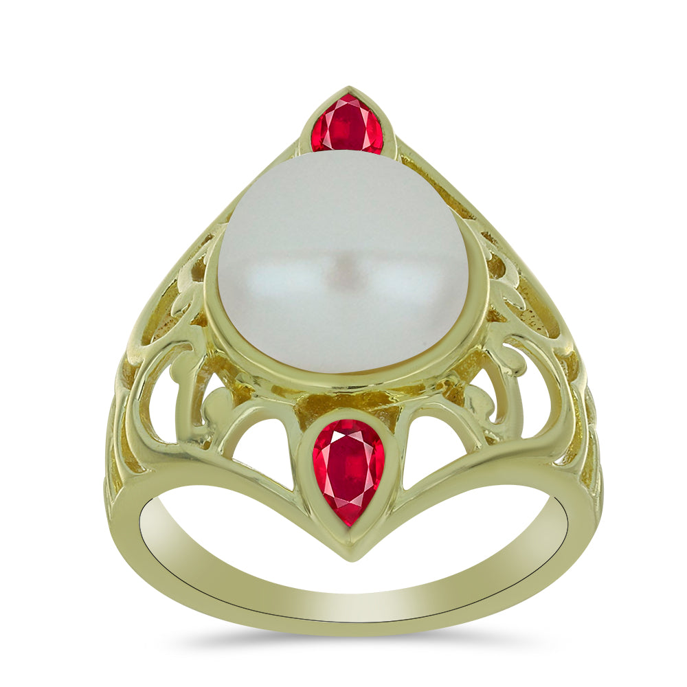 Anillo de Plata Bañada en Oro con Perla de Agua Dulce y Rubí de Madagascar 3 