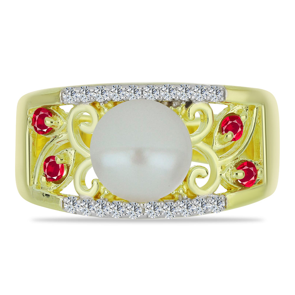Anillo de Plata Bañada en Oro con Perla de Agua Dulce y Rubí de Madagascar 1 