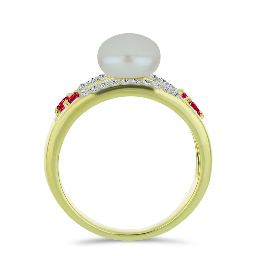 Anillo de Plata Bañada en Oro con Perla de Agua Dulce y Rubí de Madagascar 2 
