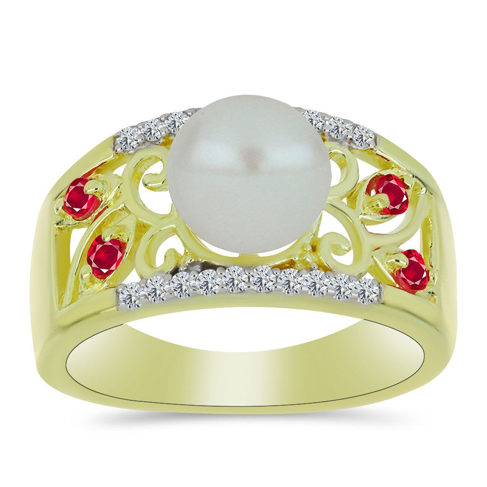 Anillo de Plata Bañada en Oro con Perla de Agua Dulce y Rubí de Madagascar 3 