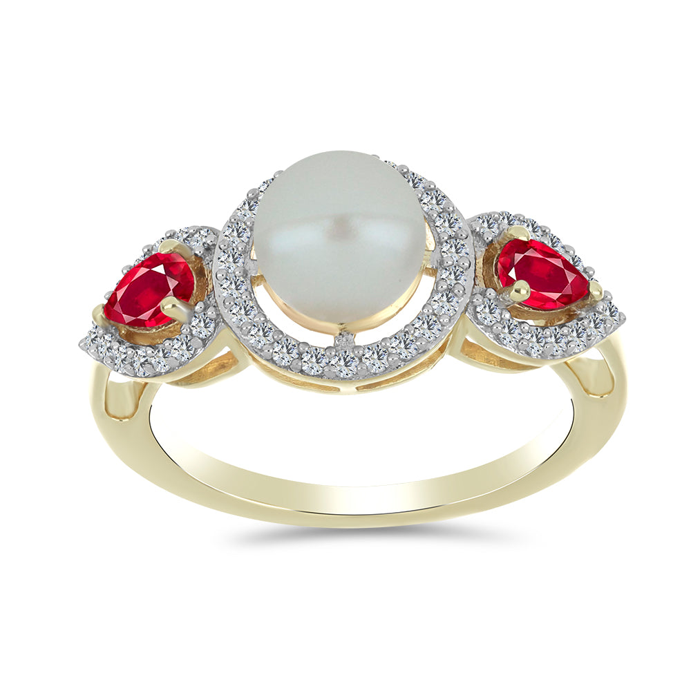 Anillo de Plata Bañada en Oro con Perla de Agua Dulce y Rubí de Madagascar 3 