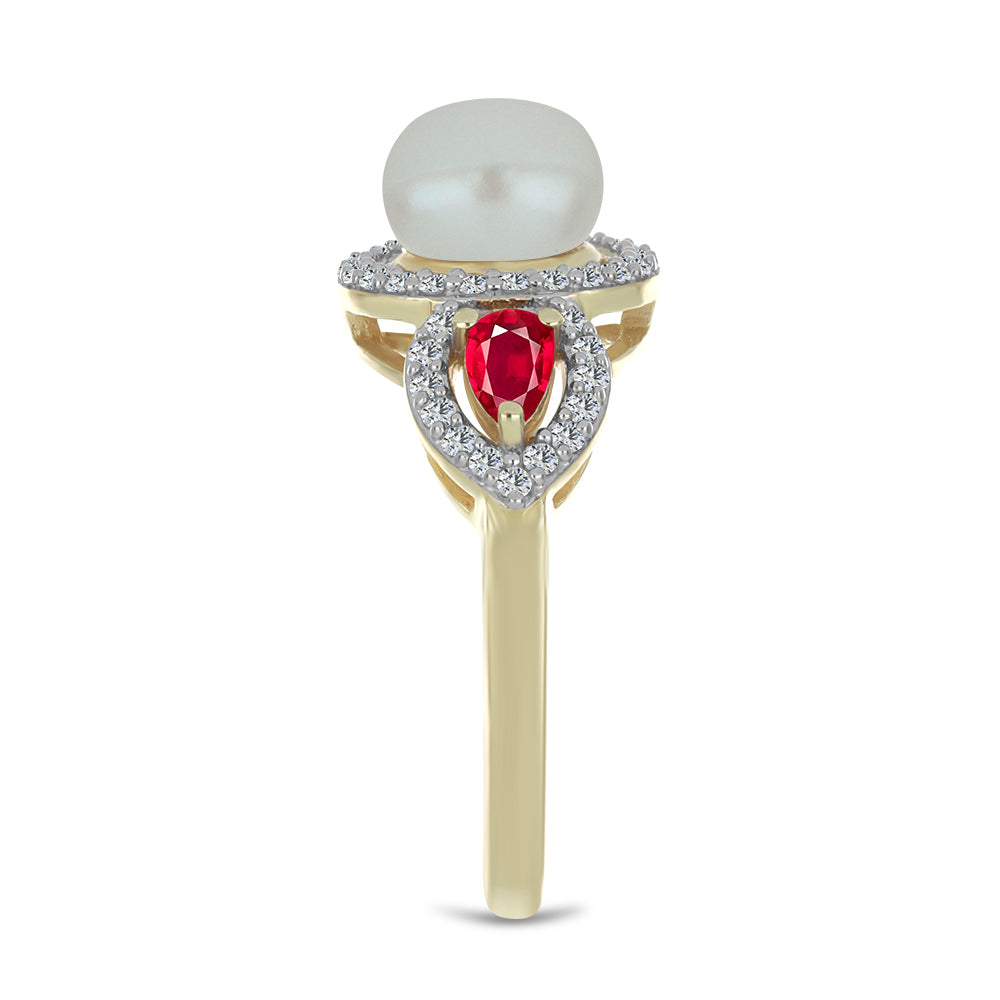 Anillo de Plata Bañada en Oro con Perla de Agua Dulce y Rubí de Madagascar 4 