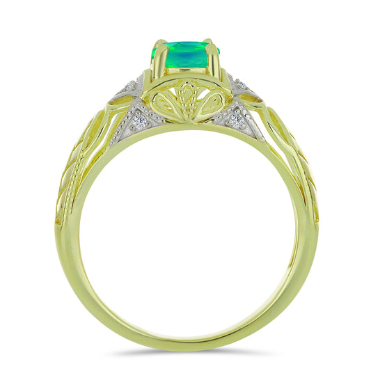 Anillo de Plata Bañada en Oro con Ópalo Verde Etíope de Lega Dembi y Topacio Blanco