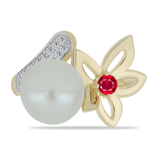Anillo de Plata Bañada en Oro con Perla de Agua Dulce y Rubí de Madagascar