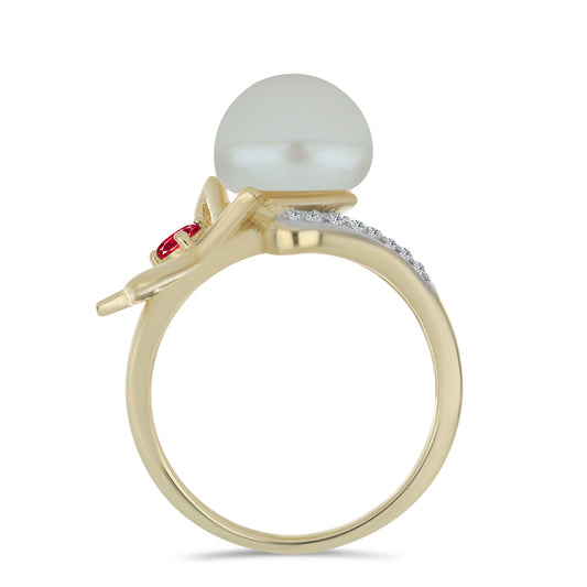 Anillo de Plata Bañada en Oro con Perla de Agua Dulce y Rubí de Madagascar