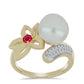 Anillo de Plata Bañada en Oro con Perla de Agua Dulce y Rubí de Madagascar