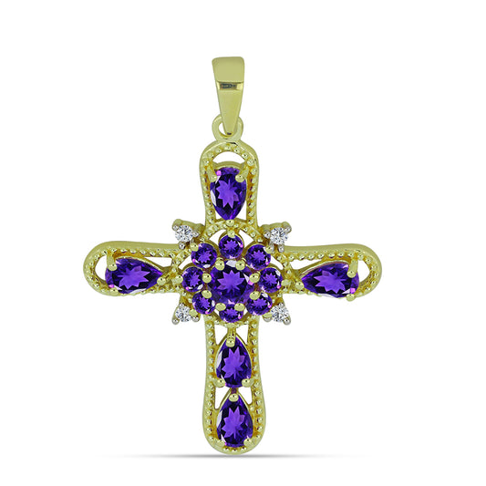 Cruz Colgante de Plata Bañada en Oro con Amatista de Marruecos y Topacio Blanco