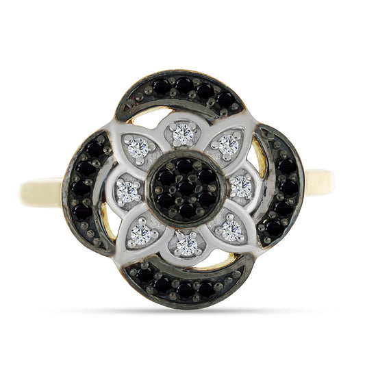 Anillo de Plata Bañada en Oro con Espinela Negra y Topacio Blanco