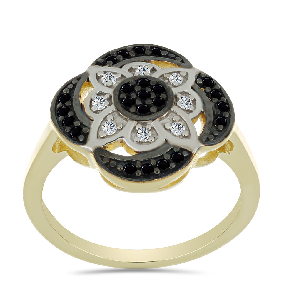 Anillo de Plata Bañada en Oro con Espinela Negra y Topacio Blanco 3 
