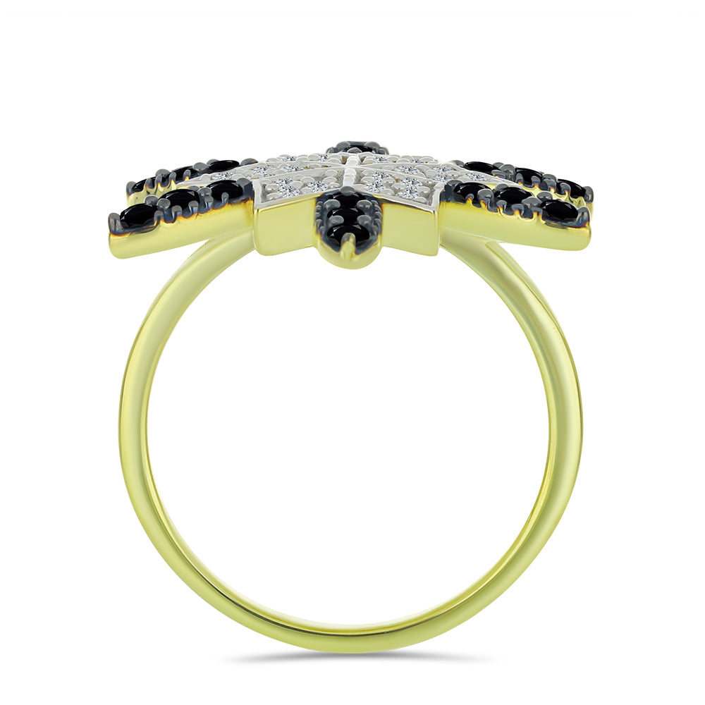 Anillo de Plata Bañada en Oro con Espinela Negra y Topacio Blanco 2 