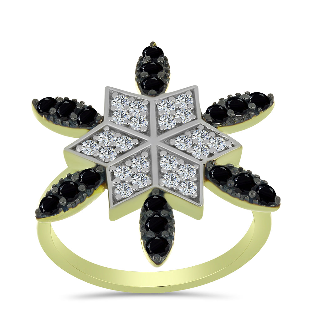 Anillo de Plata Bañada en Oro con Espinela Negra y Topacio Blanco 3 