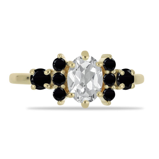 Anillo de Plata Bañada en Oro con Espinela Negra y Topacio Blanco