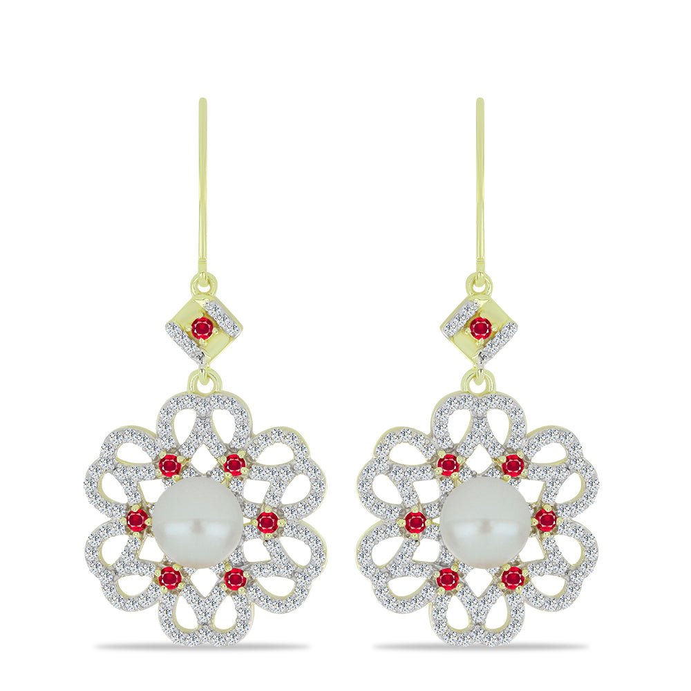 Pendientes de Plata Bañada en Oro con Perla de Agua Dulce y Rubí de Madagascar 1 