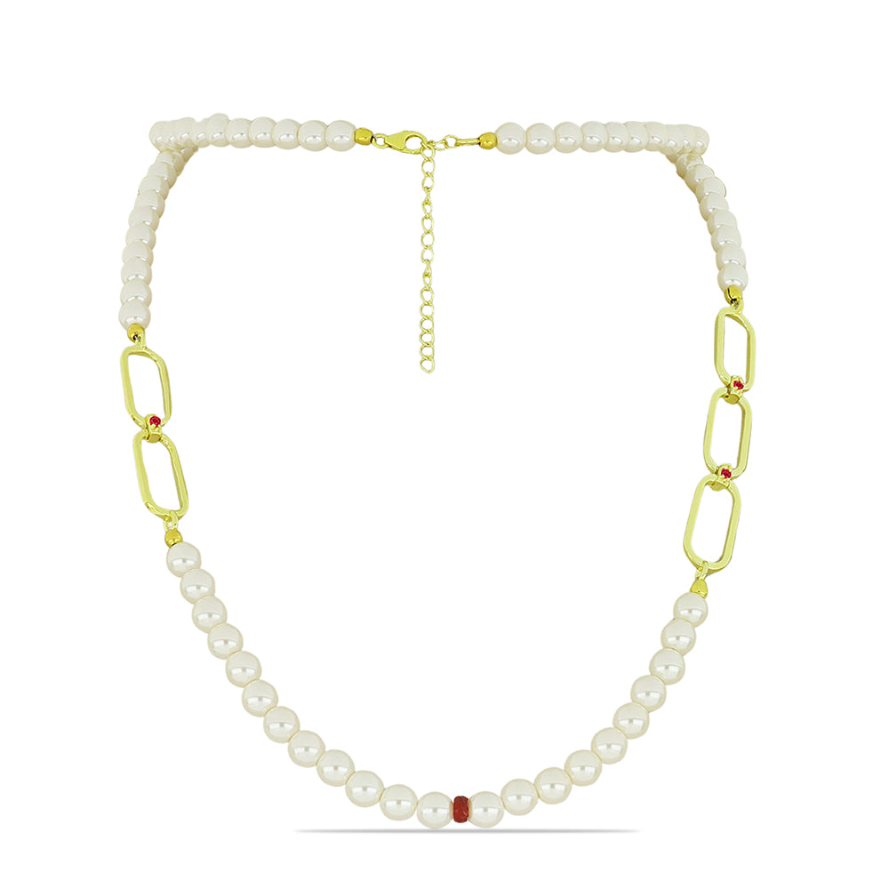 Conjunto de Plata Bañada en Oro con Perla de Agua Dulce y Rubí de Madagascar ( Collar +Pendientes +Pulsera ) 2 