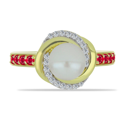 Anillo de Plata Bañada en Oro con Perla de Agua Dulce y Rubí de Madagascar
