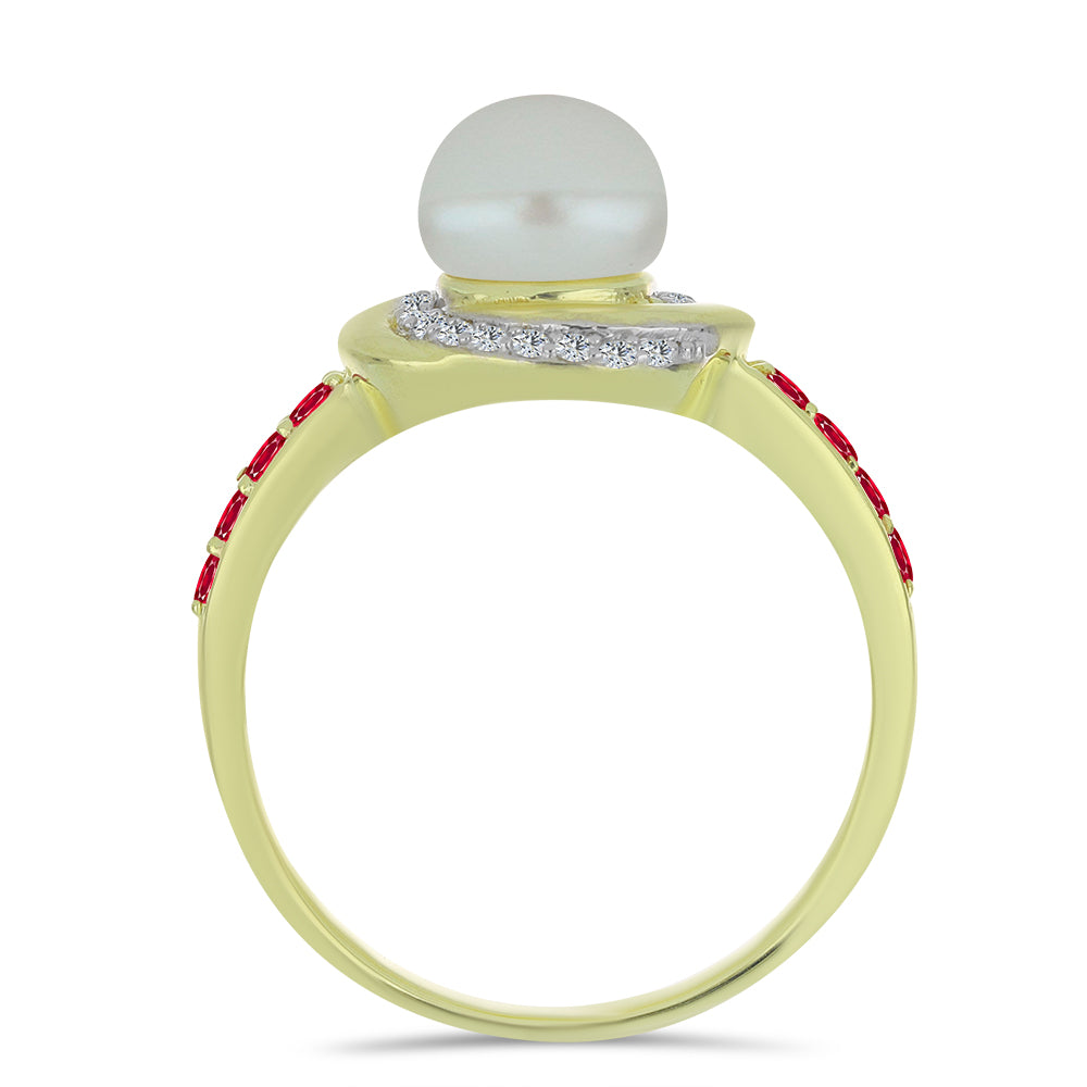 Anillo de Plata Bañada en Oro con Perla de Agua Dulce y Rubí de Madagascar 2 