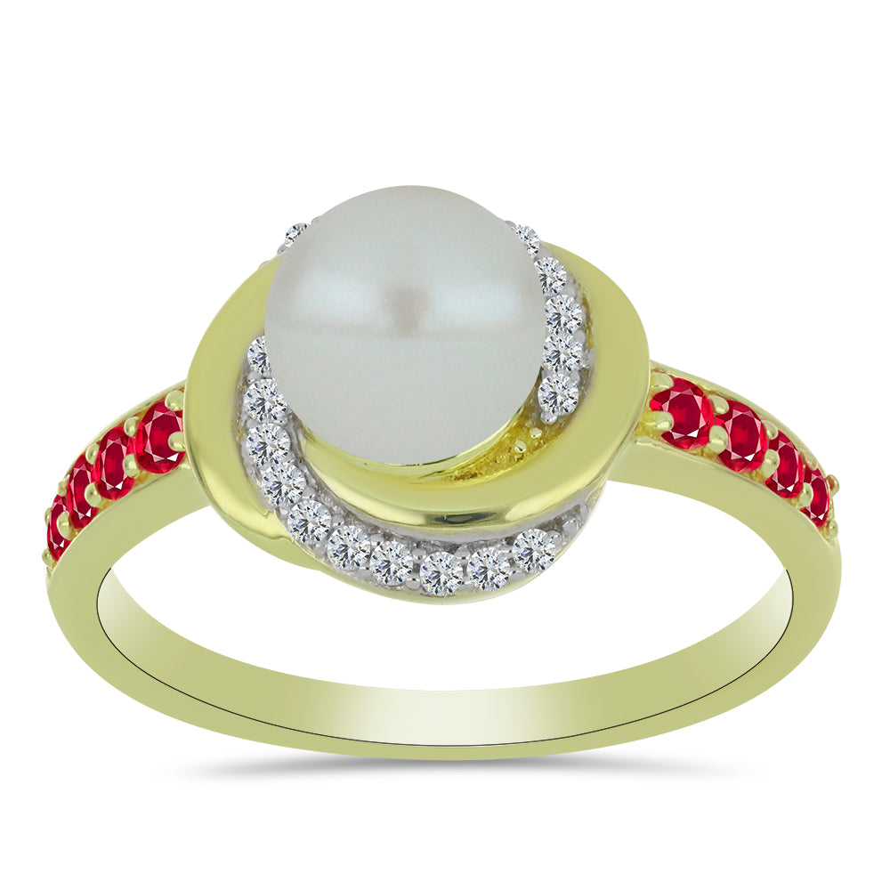 Anillo de Plata Bañada en Oro con Perla de Agua Dulce y Rubí de Madagascar 3 