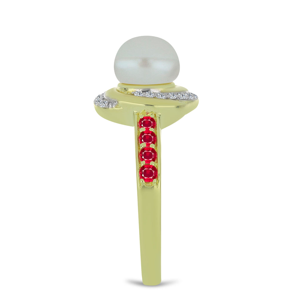 Anillo de Plata Bañada en Oro con Perla de Agua Dulce y Rubí de Madagascar 4 