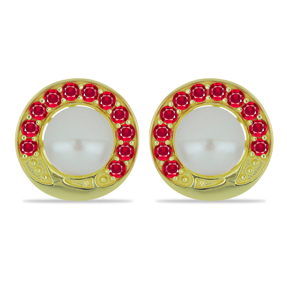 Pendientes de Plata Bañada en Oro con Perla de Agua Dulce y Rubí de Madagascar