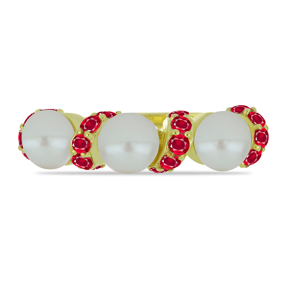 Anillo de Plata Bañada en Oro con Perla de Agua Dulce y Rubí de Madagascar