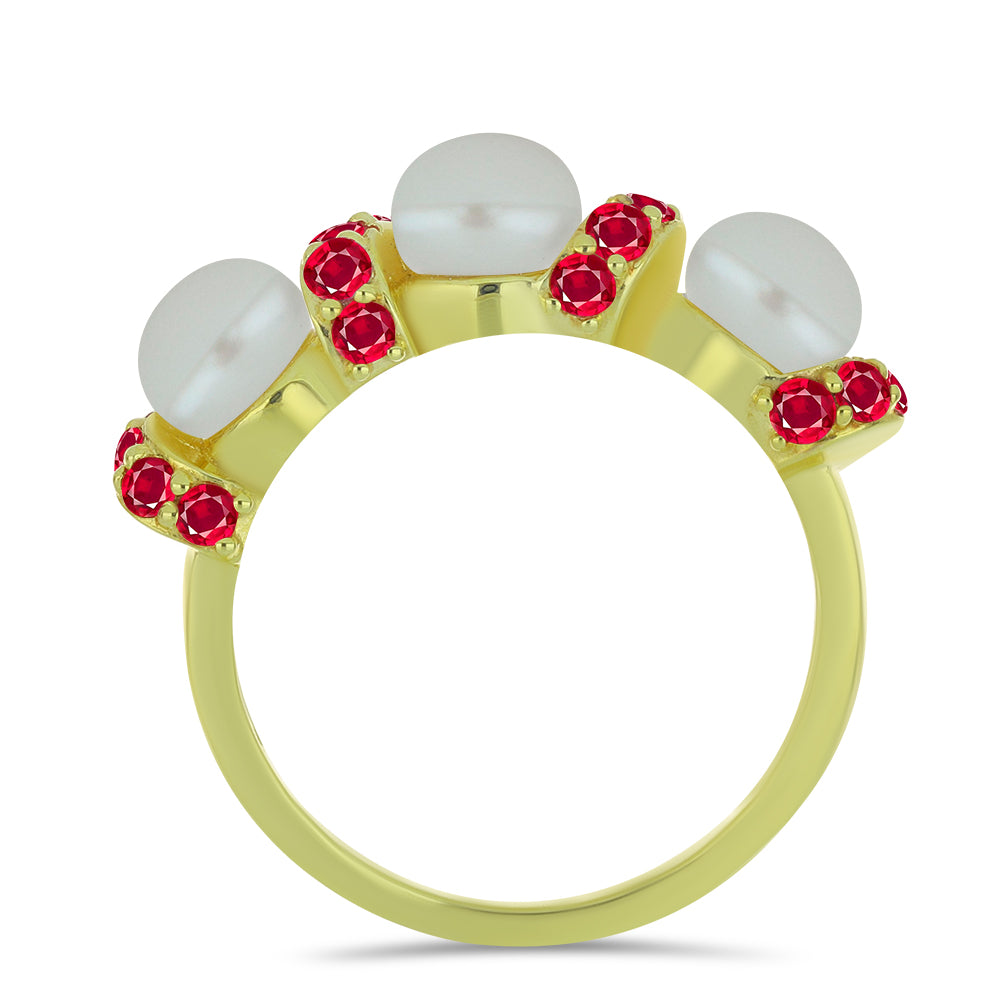 Anillo de Plata Bañada en Oro con Perla de Agua Dulce y Rubí de Madagascar 2 