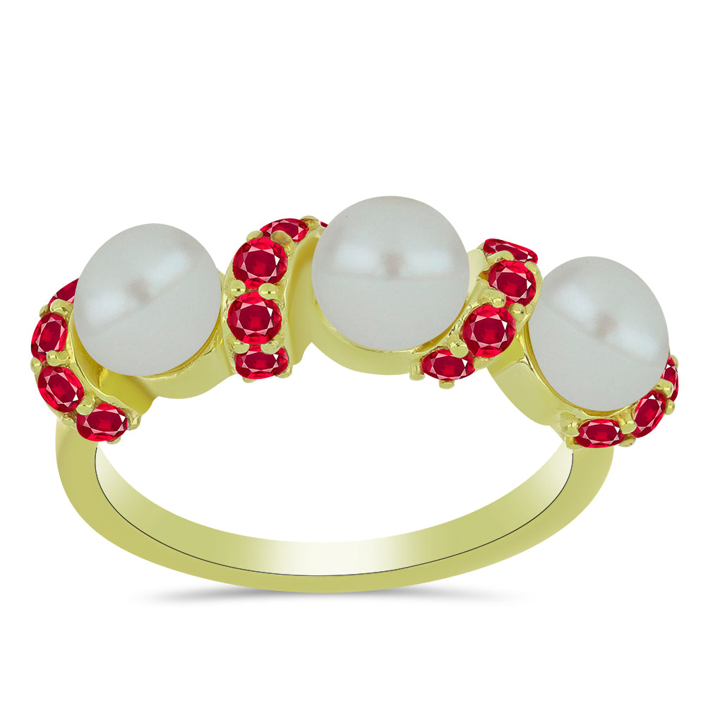 Anillo de Plata Bañada en Oro con Perla de Agua Dulce y Rubí de Madagascar 3 