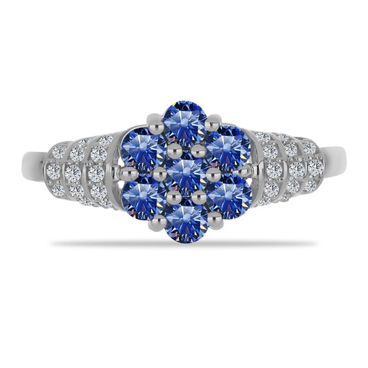 Anillo de Plata con Moisanita azul real certificado y cultivado en laboratorio y Topacio Blanco