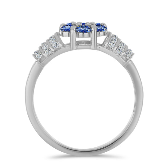 Anillo de Plata con Moisanita azul real certificado y cultivado en laboratorio y Topacio Blanco