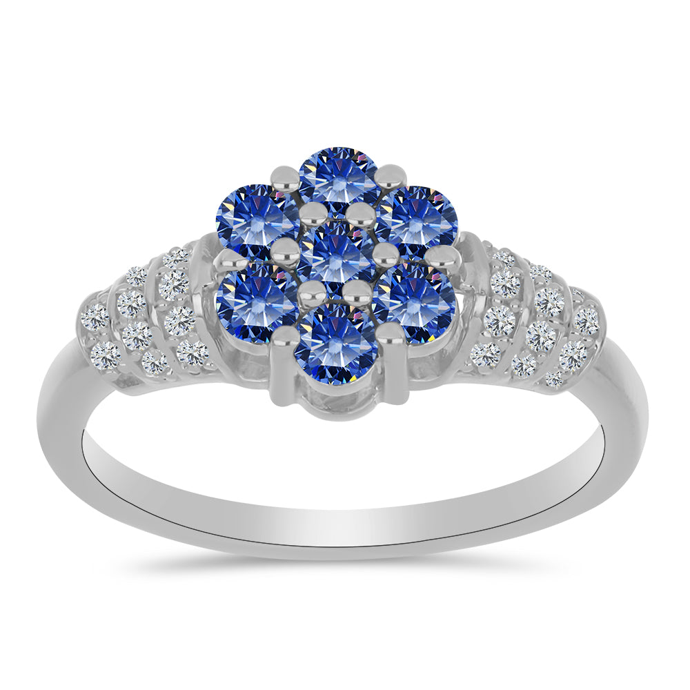 Anillo de Plata con Moisanita azul real certificado y cultivado en laboratorio y Topacio Blanco 3 