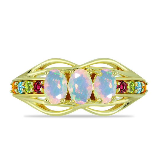Anillo de Plata Bañada en Oro con Ópalo Welo y Chakra Turmalina
