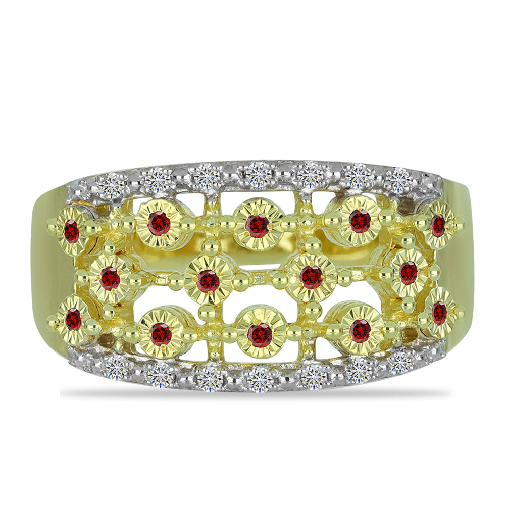 Anillo de Plata Bañada en Oro con Diamante Rojo y Diamante blanco