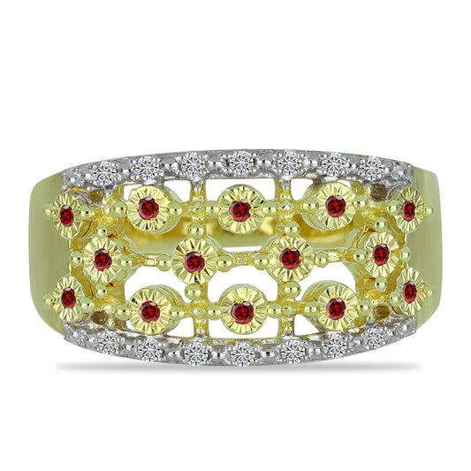 Anillo de Plata Bañada en Oro con Diamante Rojo y Diamante blanco