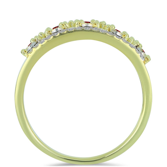 Anillo de Plata Bañada en Oro con Diamante Rojo y Diamante blanco