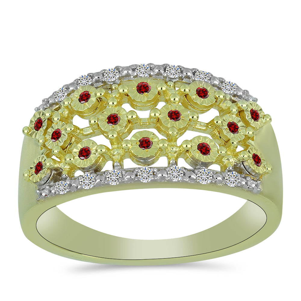 Anillo de Plata Bañada en Oro con Diamante Rojo y Diamante blanco 3 