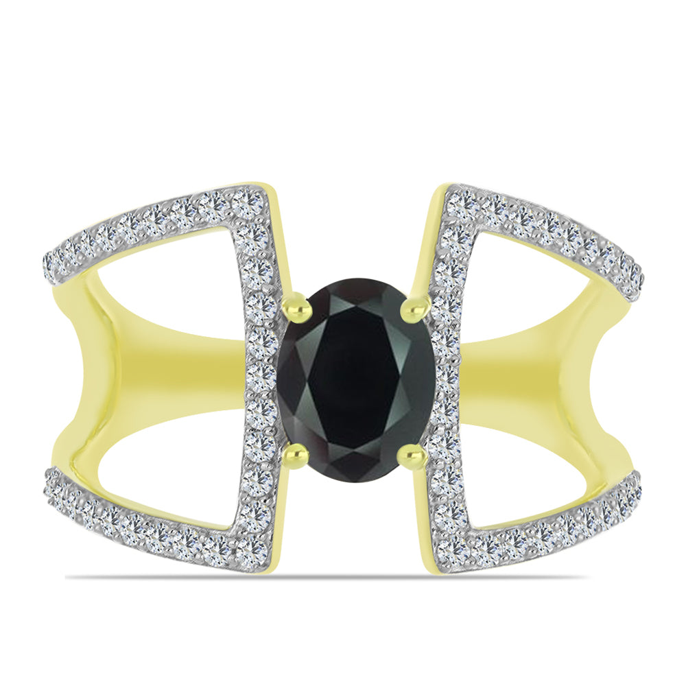 Anillo de Plata Bañada en Oro con Obsidiana y Topacio Blanco 1 