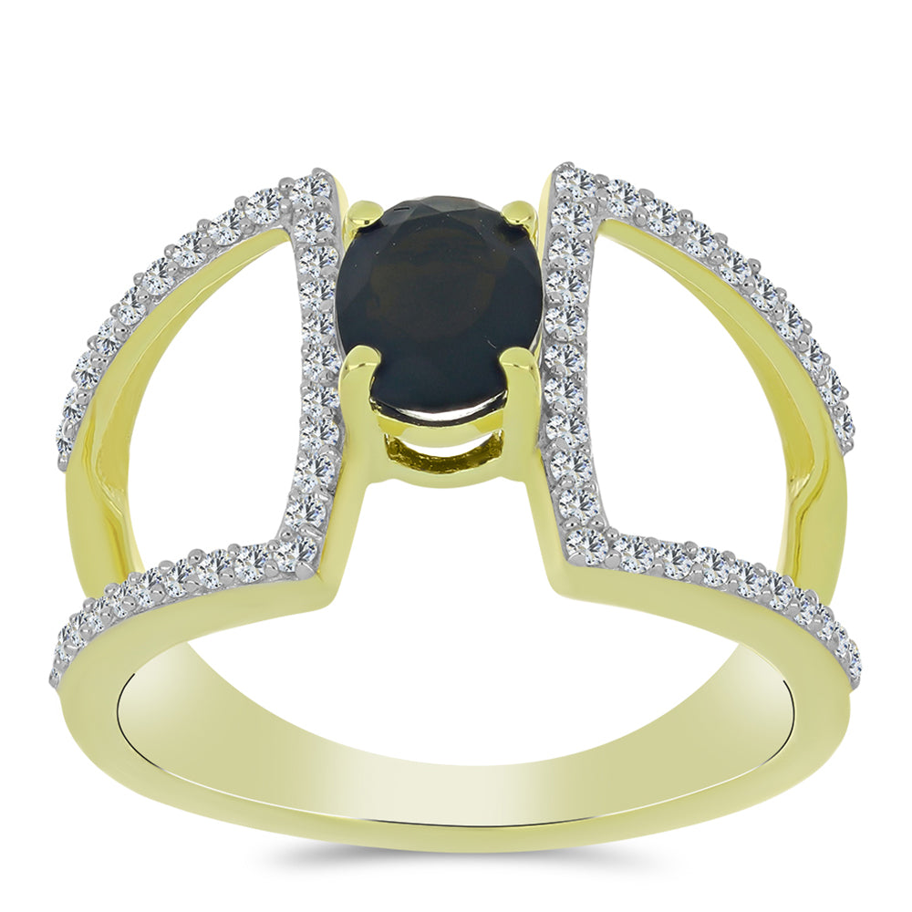 Anillo de Plata Bañada en Oro con Obsidiana y Topacio Blanco 3 