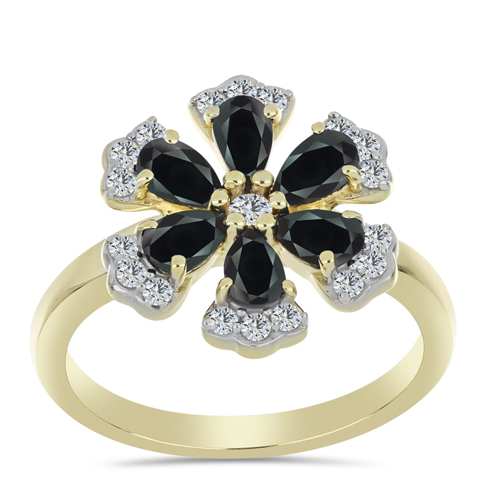 Anillo de Plata Bañada en Oro con Obsidiana y Topacio Blanco 3 